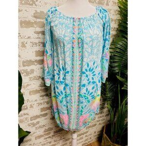 Lilly Pulitzer Go Anywhere Dress XS Blue Floral Print Off Shoulder Bell Sleeve